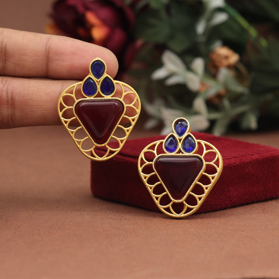 Maroon & Blue Color Amrapali Earrings (AMPE407MRNBLU)