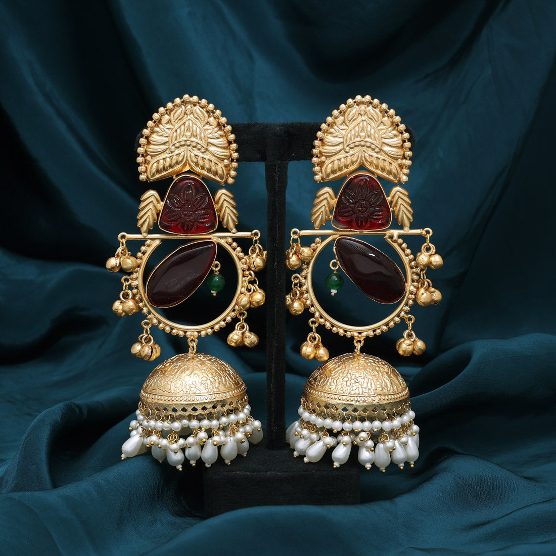 Maroon Color Handmade In Jaipur On Brass Metal With Natural Carving & Monalisa Stones Amrapali Earrings (AMPE440MRN)