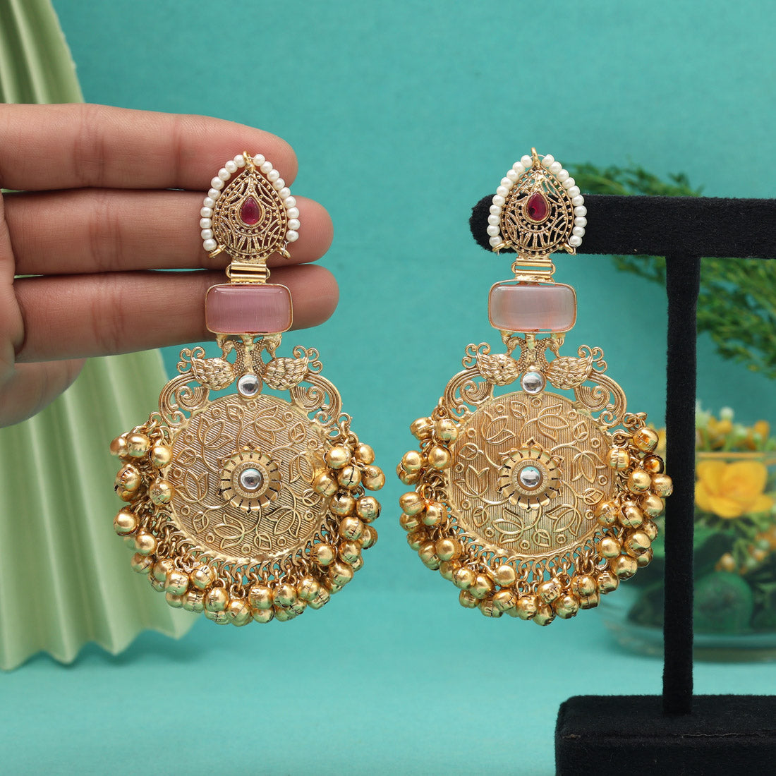 Pink Color Unique Designs Jaipur Handmade Premium Brass Earrings with Monalisa Stones (AMPE451PNK)