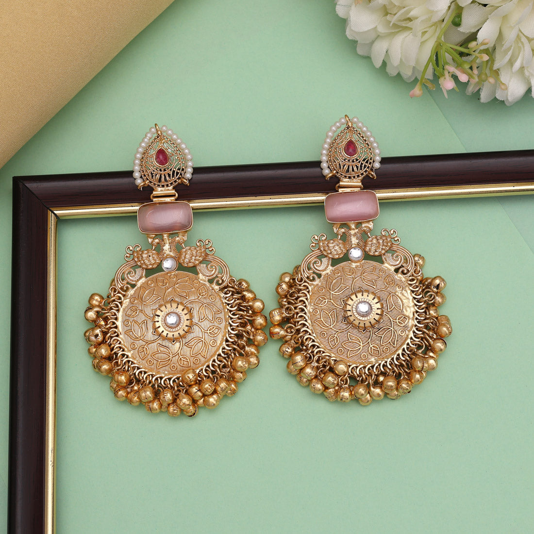Pink Color Unique Designs Jaipur Handmade Premium Brass Earrings with Monalisa Stones (AMPE451PNK)