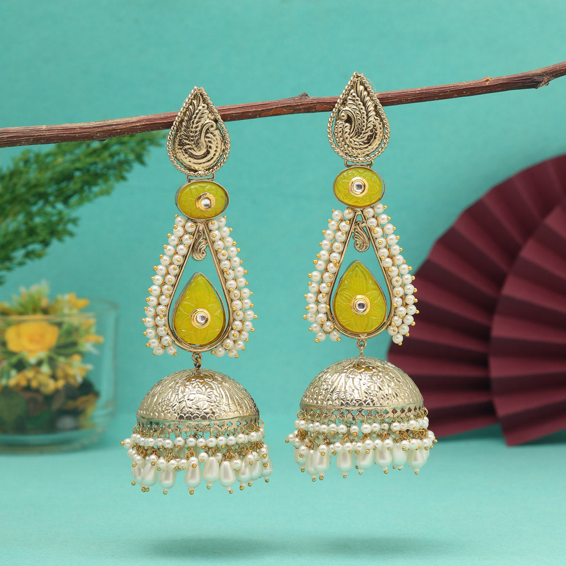 Yellow Color Big Size Jhumka Unique Designs Jaipur Handmade Premium Brass Earrings with Monalisa Stones (AMPE452YLW)