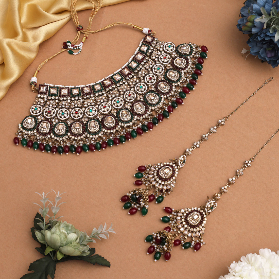 Maroon & Green Color Kundan Dulhan Set (BDL263MG)