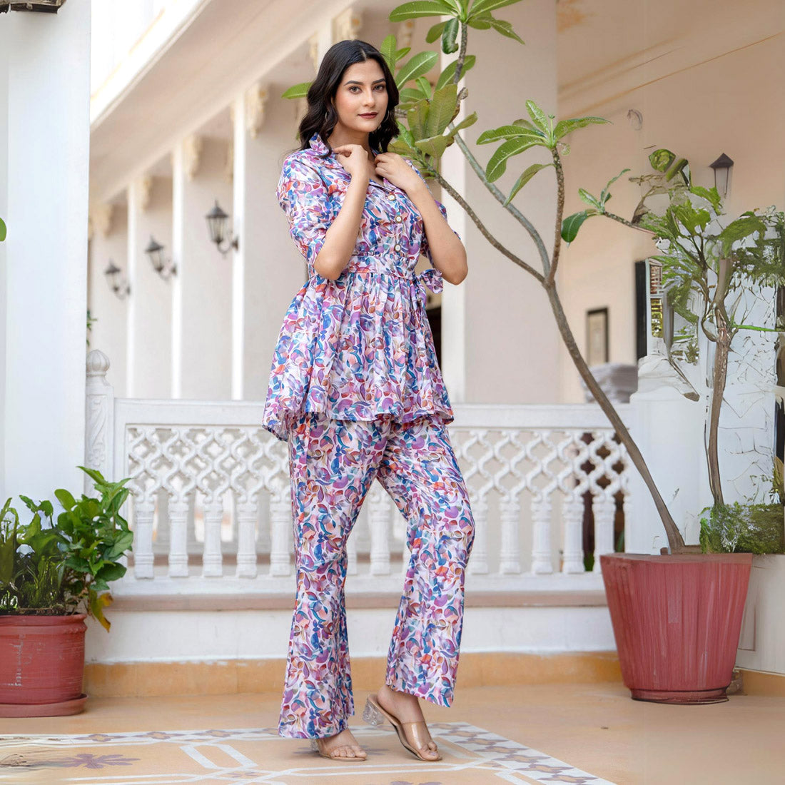 Multi Color Floral Printed Shirt Collar Short Sleeves Cotton Blend Tunic With Trouser (CK218MLT)