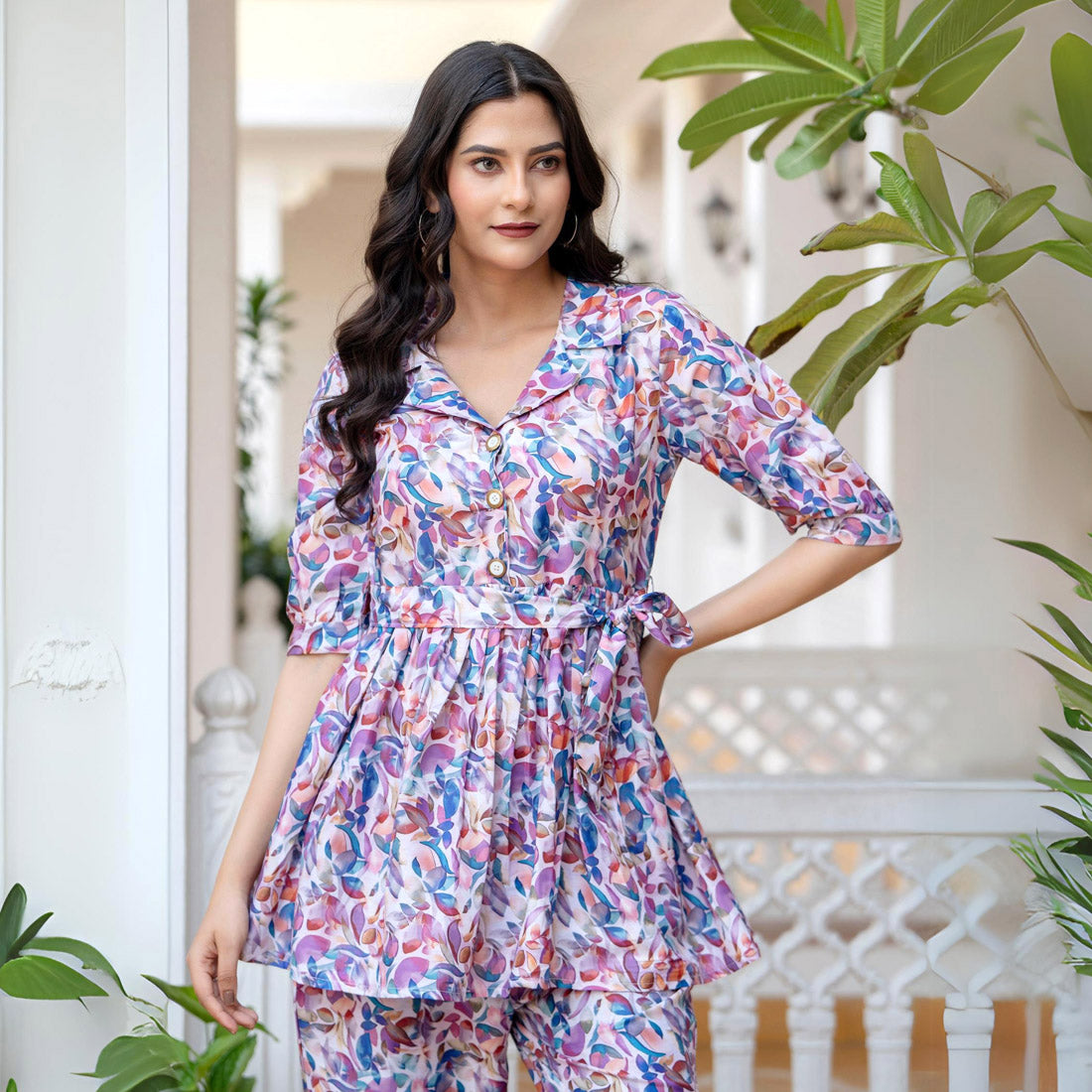 Multi Color Floral Printed Shirt Collar Short Sleeves Cotton Blend Tunic With Trouser