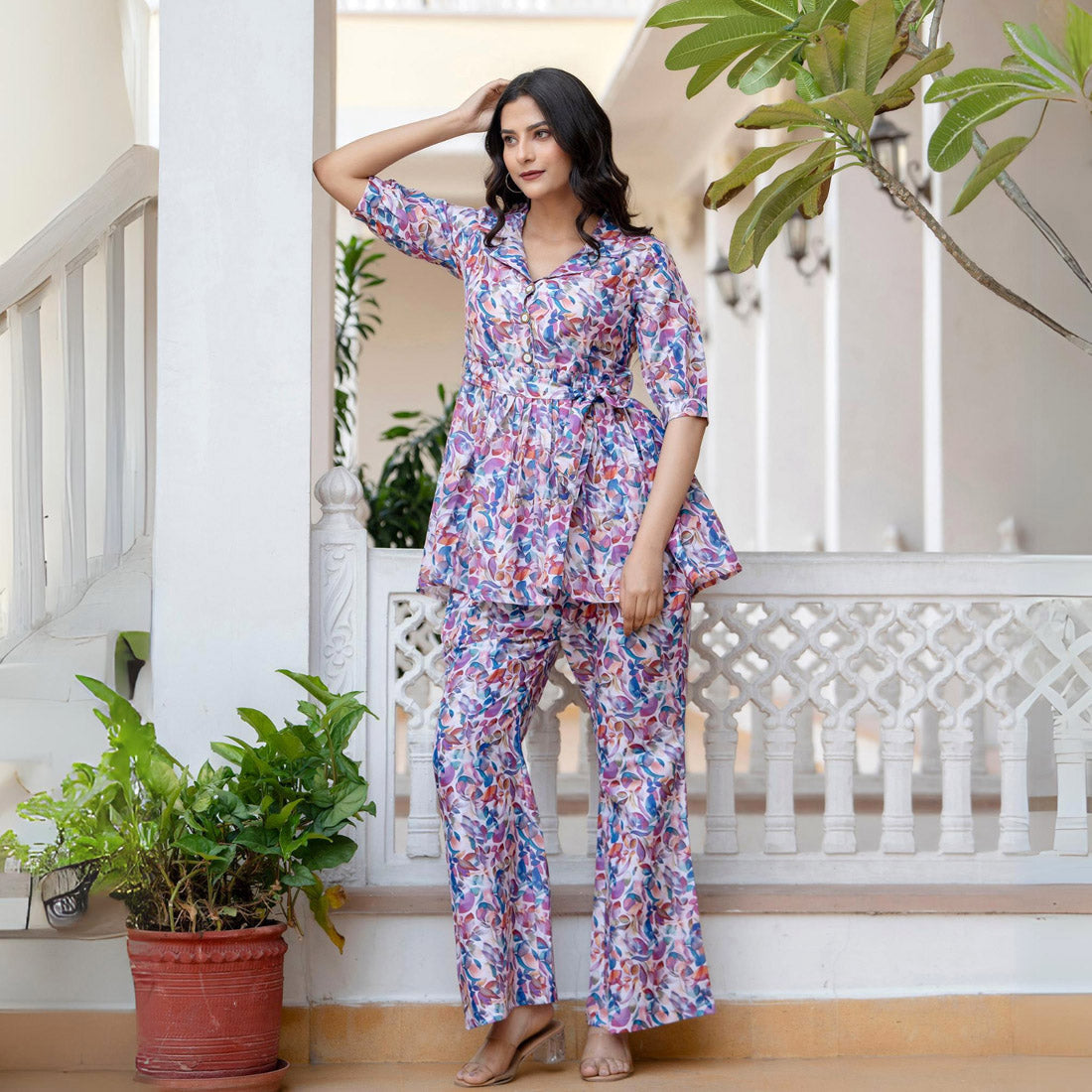 Multi Color Floral Printed Shirt Collar Short Sleeves Cotton Blend Tunic With Trouser