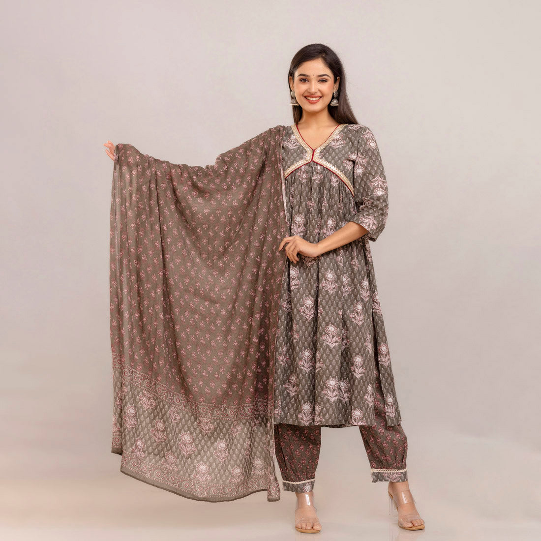 Grey Color Alia Cut Kurta Pant With Dupatta Set (CK220GRY)