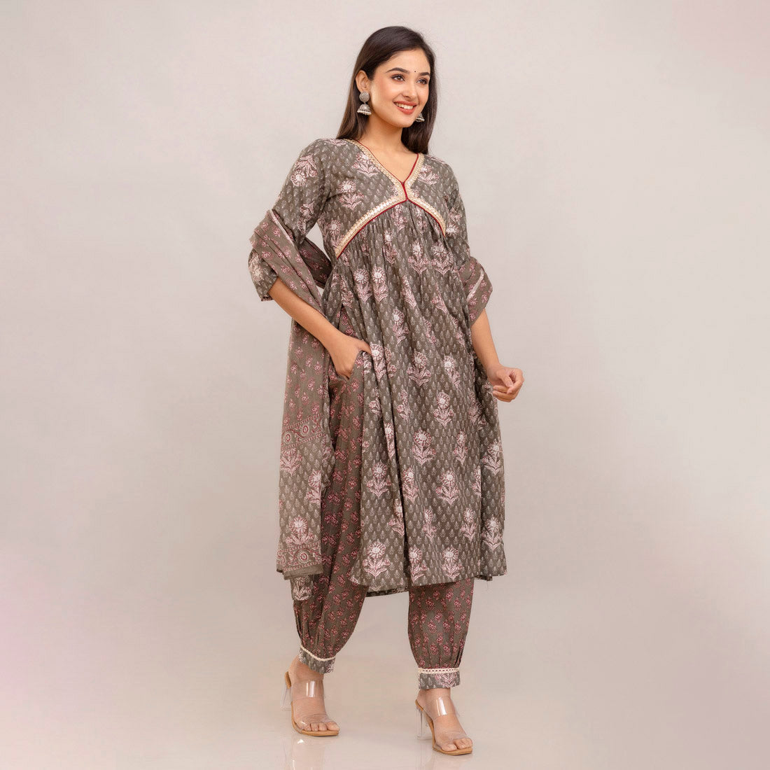 Mehandi Green Color Alia Cut Kurta Pant With Dupatta Set
