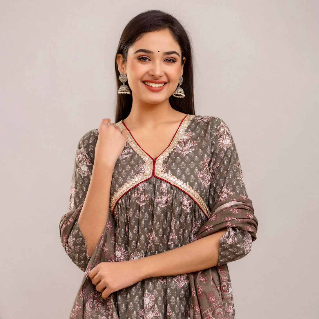 Mehandi Green Color Alia Cut Kurta Pant With Dupatta Set