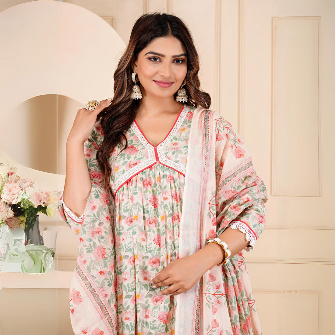 Pink Color Alia Cut Kurta Pant With Dupatta Set