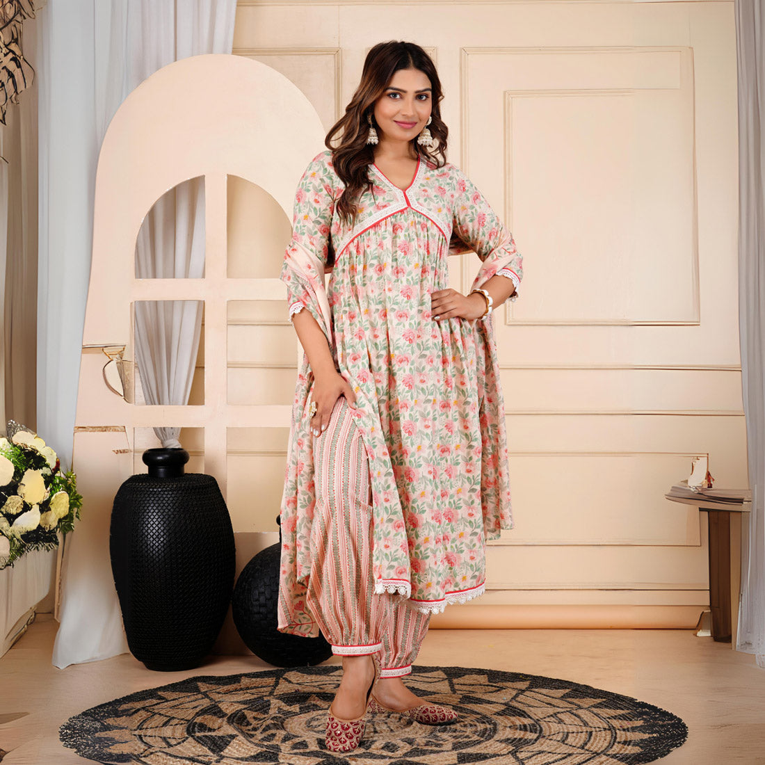 Pink Color Alia Cut Kurta Pant With Dupatta Set
