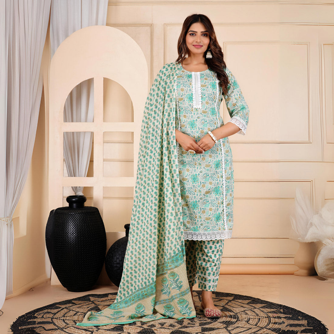 Green Color Straight Kurta Pant With Dupatta Set (CK222GRN)
