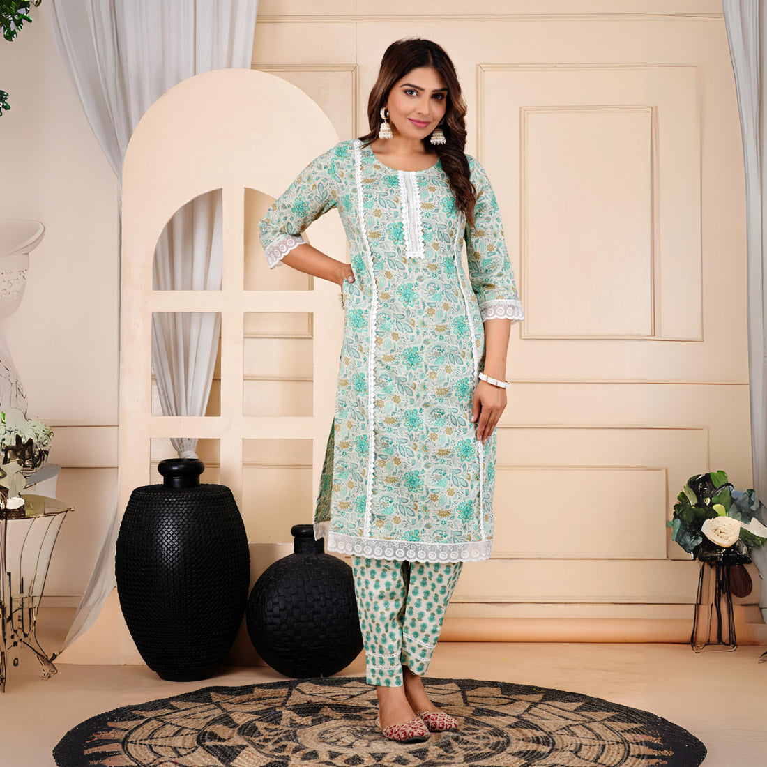 Green Color Straight Kurta Pant With Dupatta Set