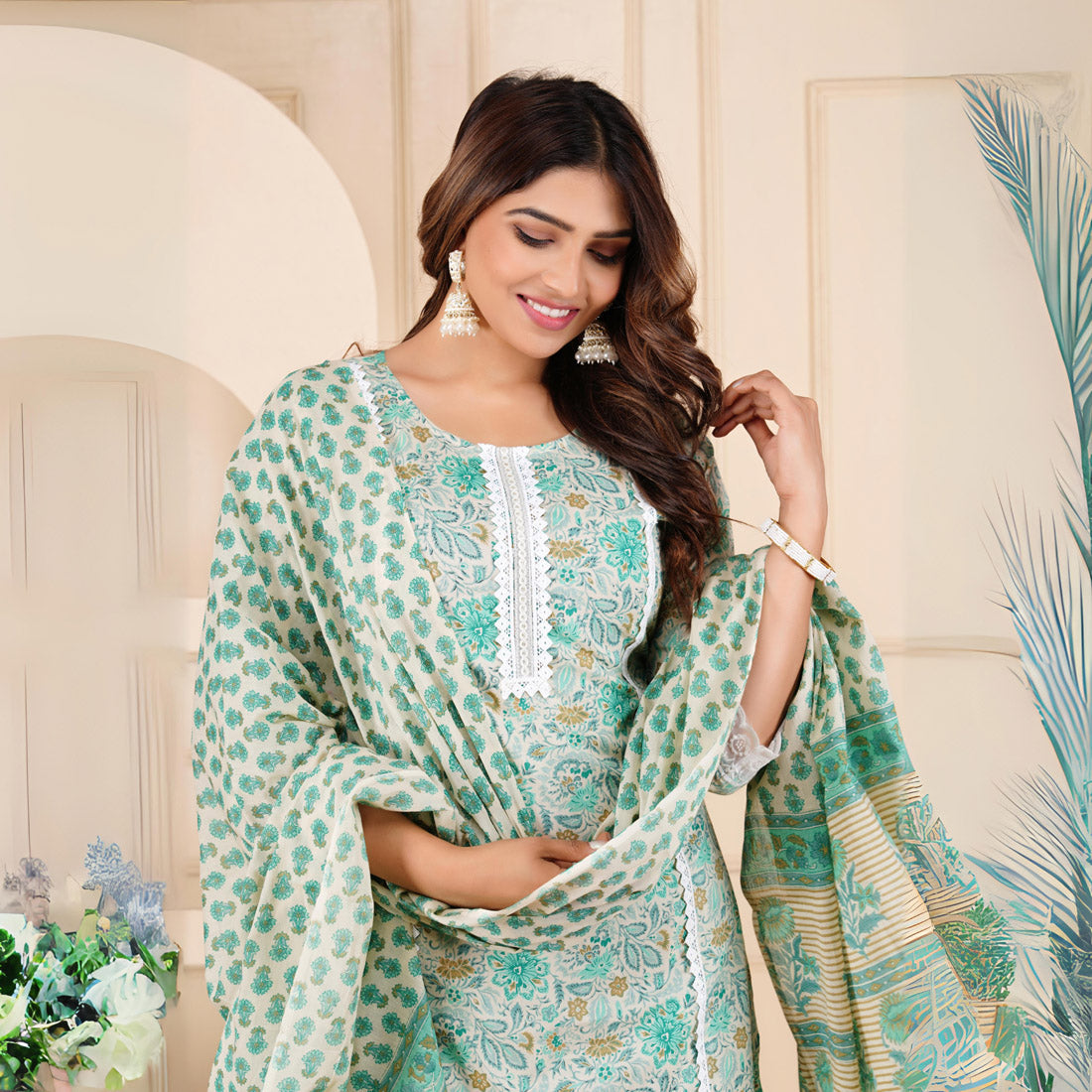 Green Color Straight Kurta Pant With Dupatta Set