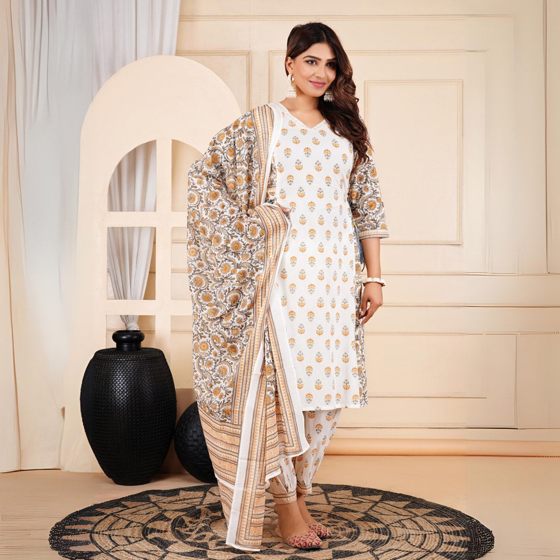 White Color Afgani Kurta Pant Set With Dupatta