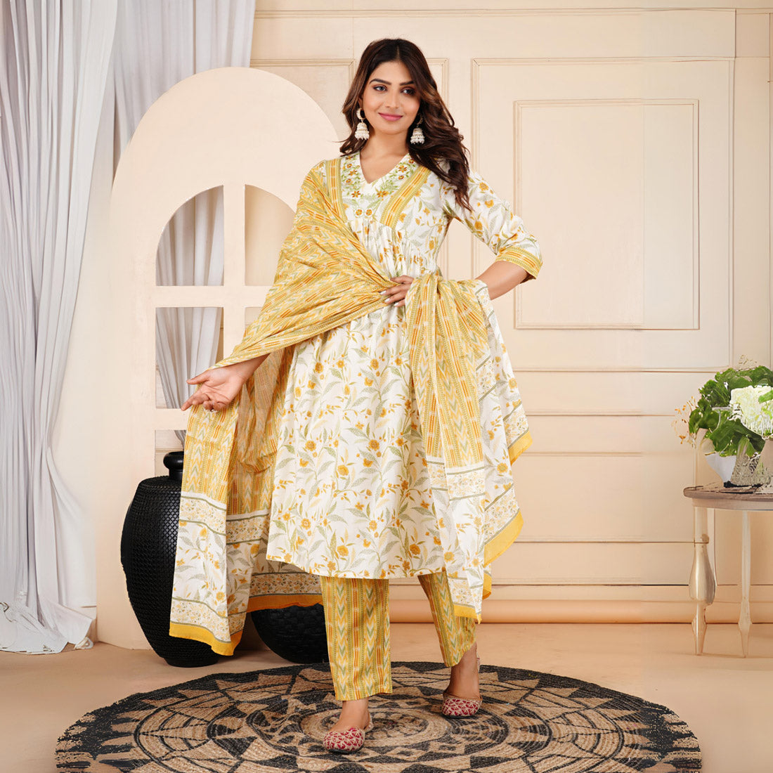 Yellow Color Alia Cut Kurta Pant With Dupatta Set