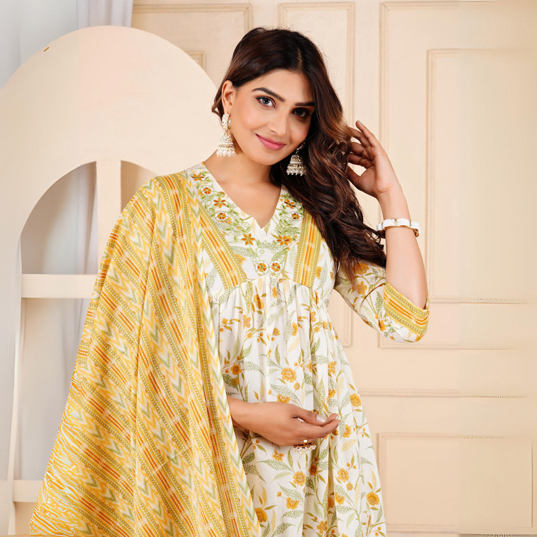 Yellow Color Alia Cut Kurta Pant With Dupatta Set