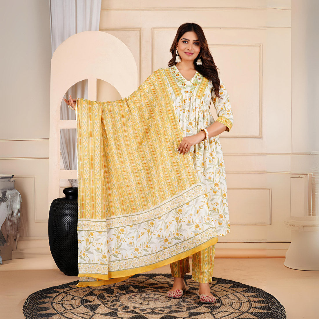 Yellow Color Alia Cut Kurta Pant With Dupatta Set (CK224YLW)
