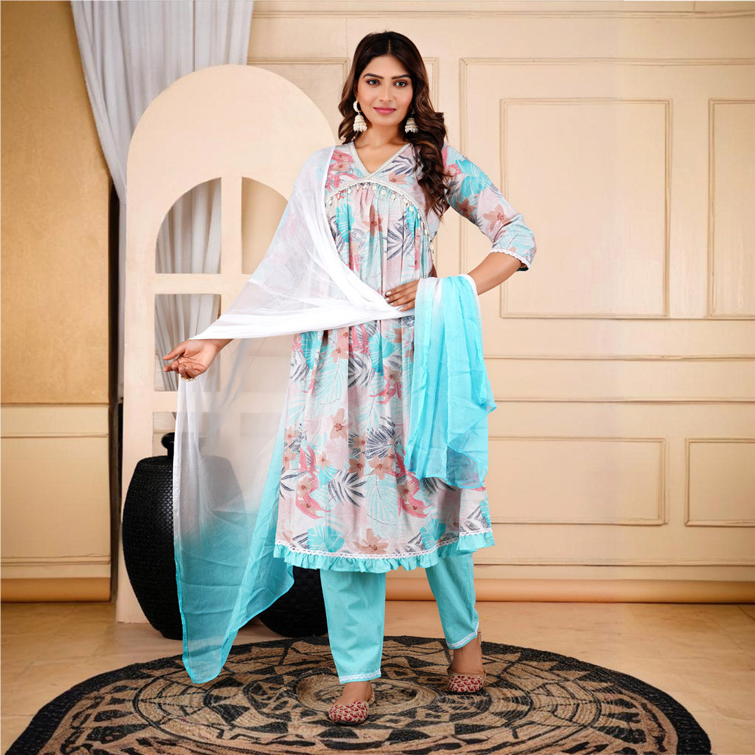 Firozi Color Alia Cut Kurta Pant With Dupatta Set (CK225FRZ)
