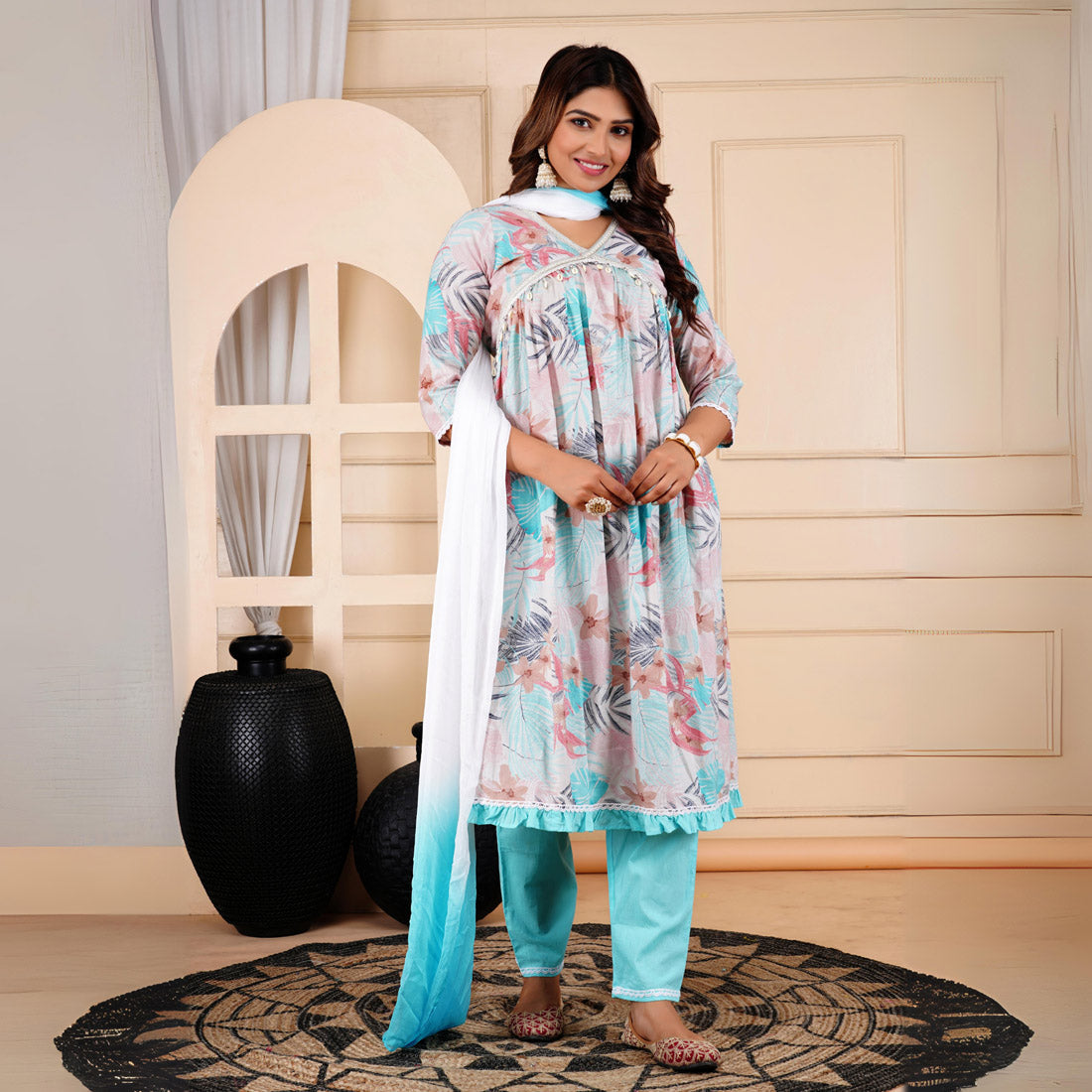 Firozi Color Alia Cut Kurta Pant With Dupatta Set (CK225FRZ)