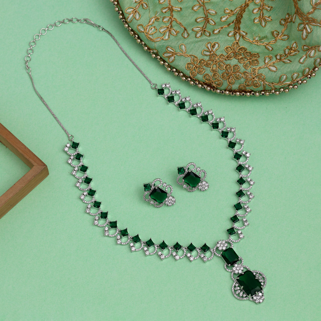 Green Color American Diamond Necklace Set (CZN1014GRN)