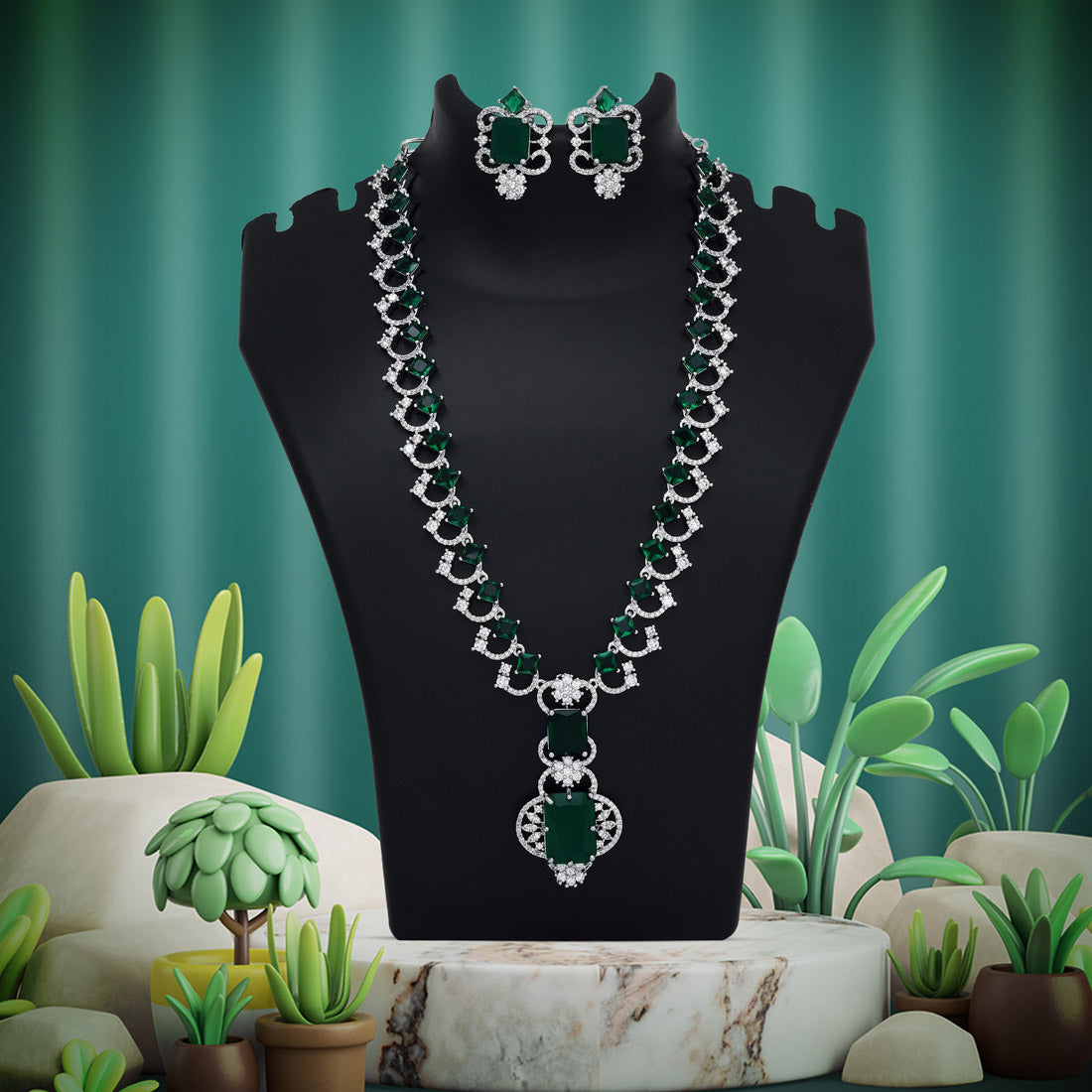 Green Color American Diamond Necklace Set (CZN1014GRN)