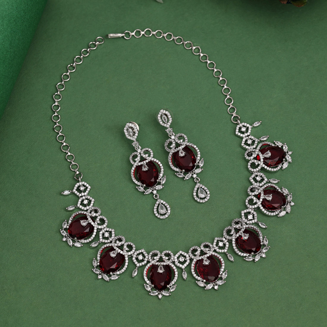 Ruby Color American Diamond Necklace Set (CZN1015RUBY)