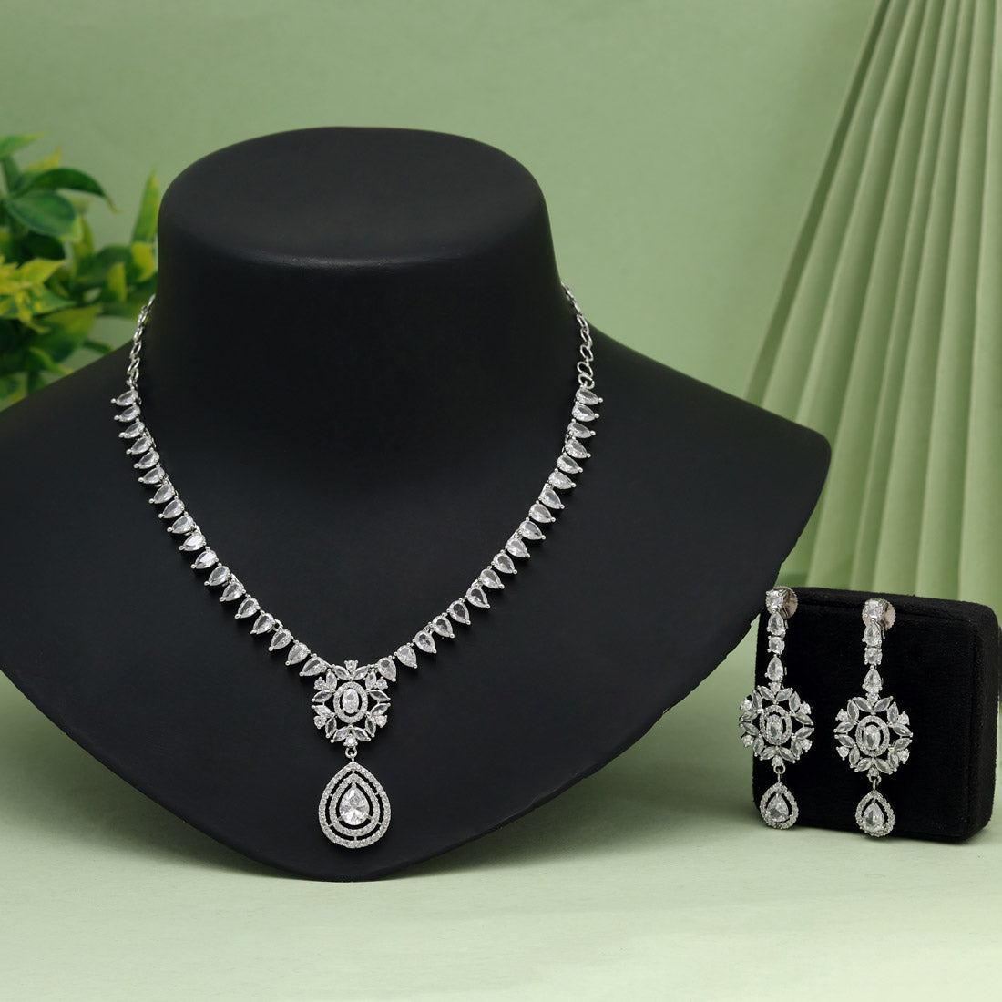 Silver Color American Diamond Necklace Set (CZN1018SLV)