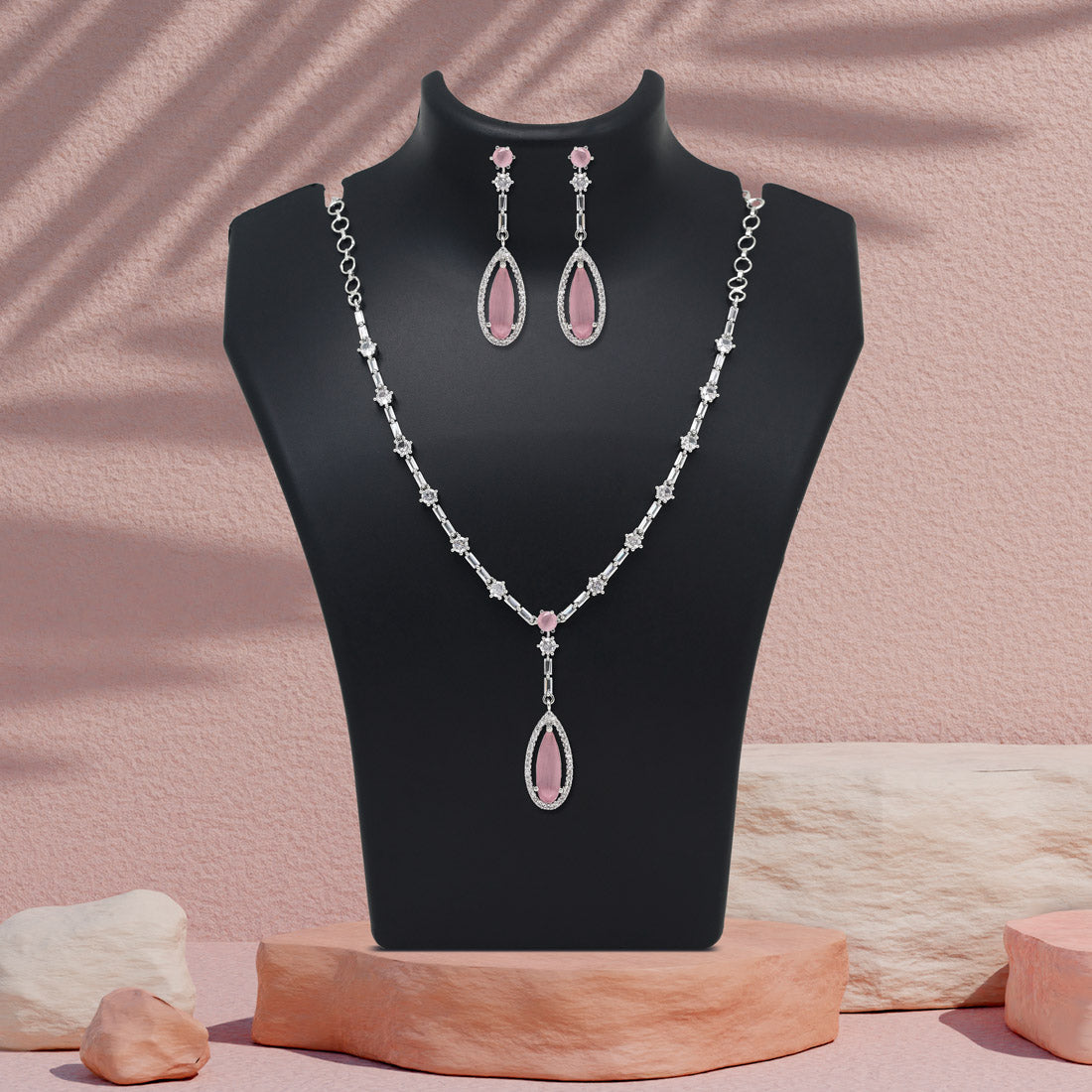 Pink Color American Diamond Necklace Set (CZN1020PNK)