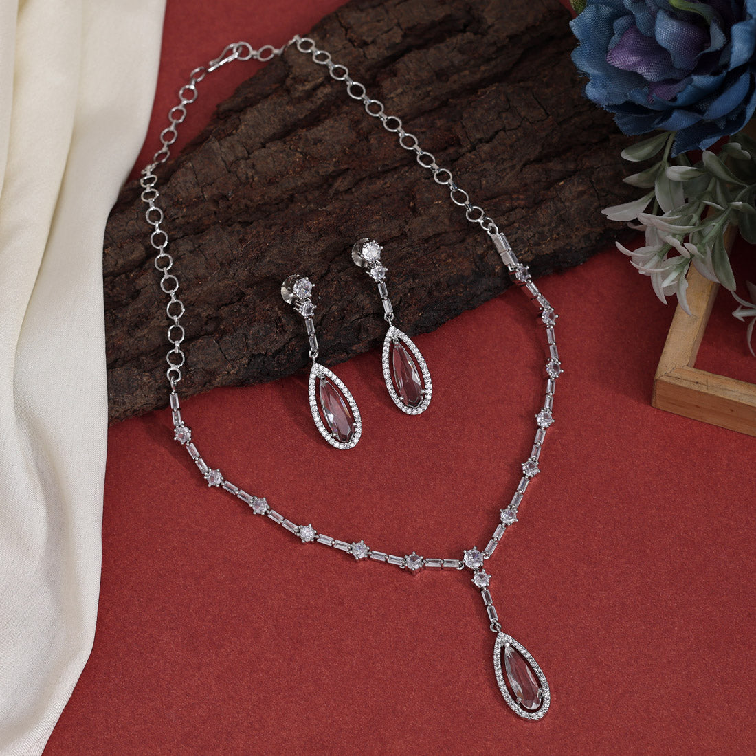 Silver Color American Diamond Necklace Set (CZN1020SLV)