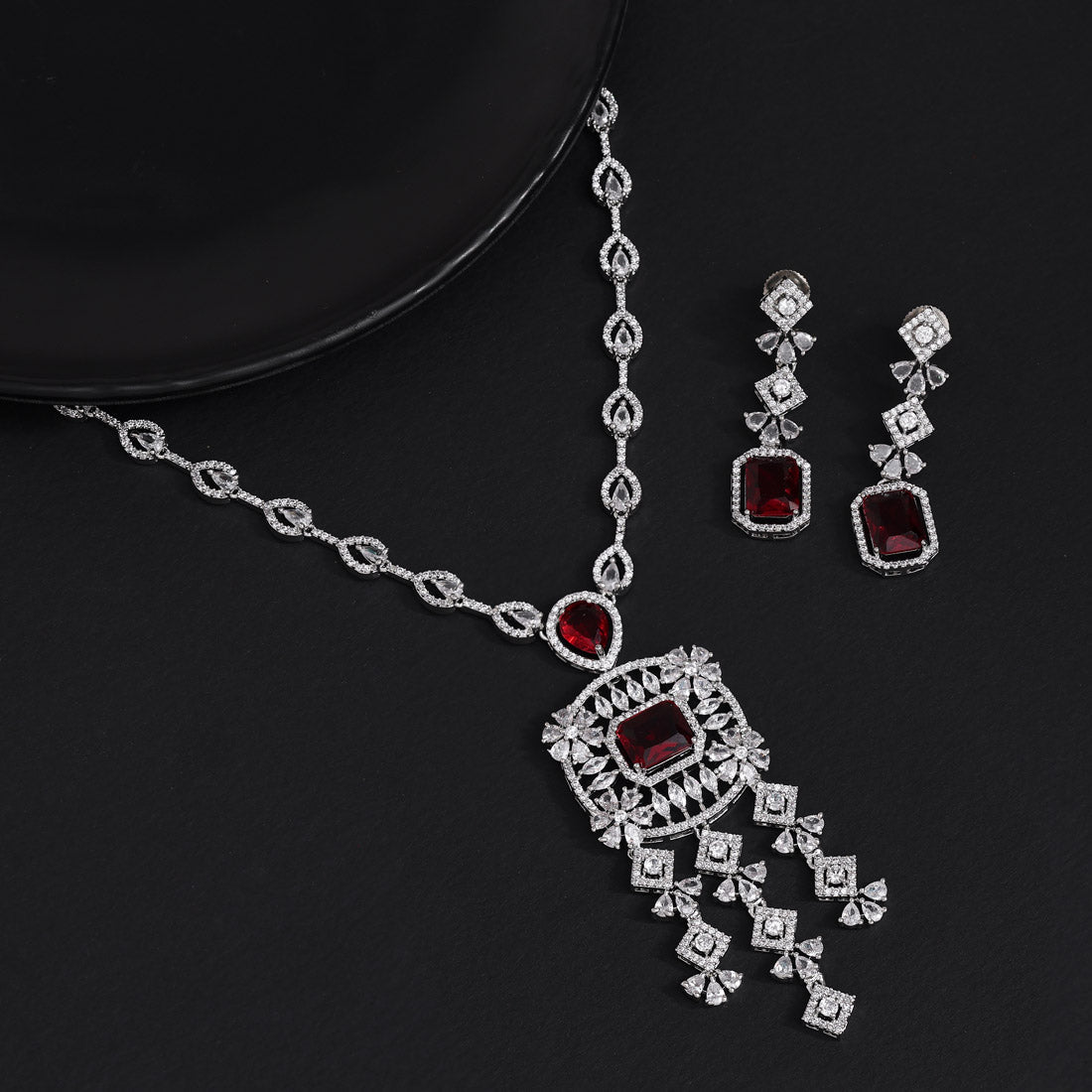 Red Color American Diamond Necklace Set (CZN1024RED)