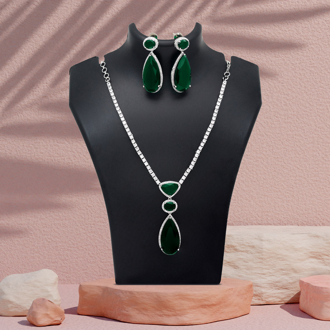 Green Color American Diamond Necklace Set (CZN1028GRN)