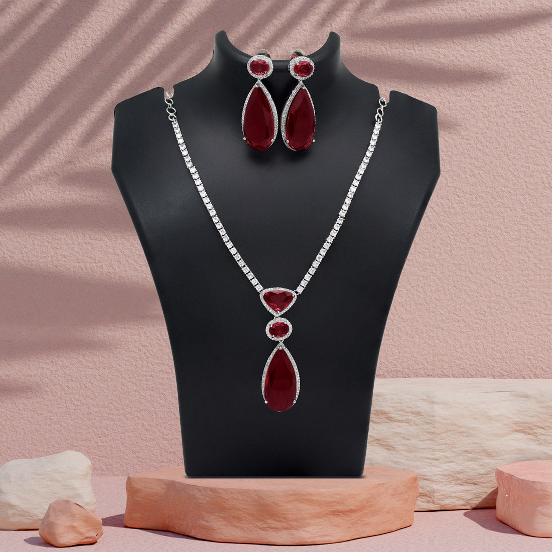 Ruby Color American Diamond Necklace Set (CZN1028RUBY)