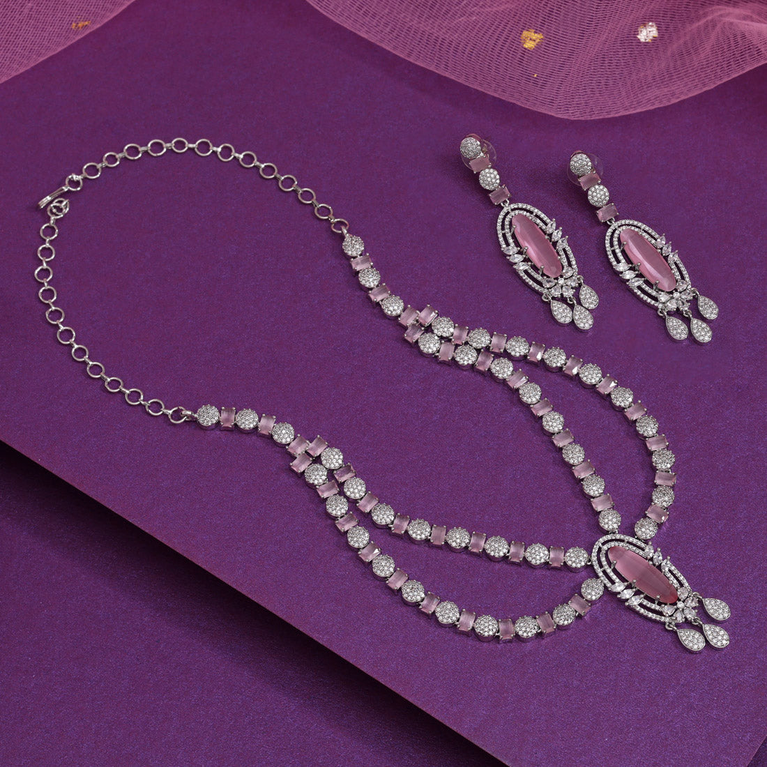 Pink Color American Diamond Necklaces Set (CZN1048PNK)