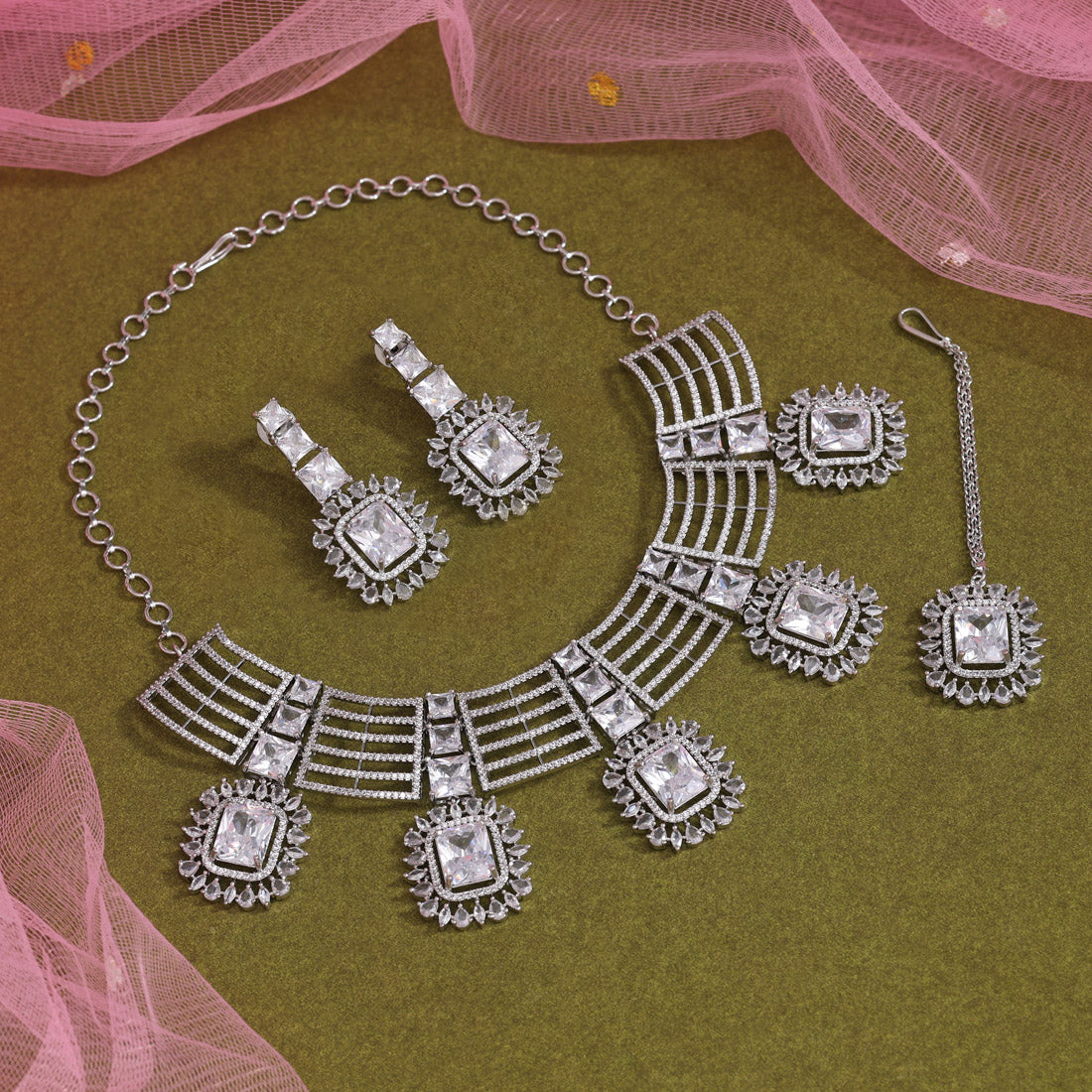 Silver Color American Diamond Necklaces Set (CZN1050SLV)