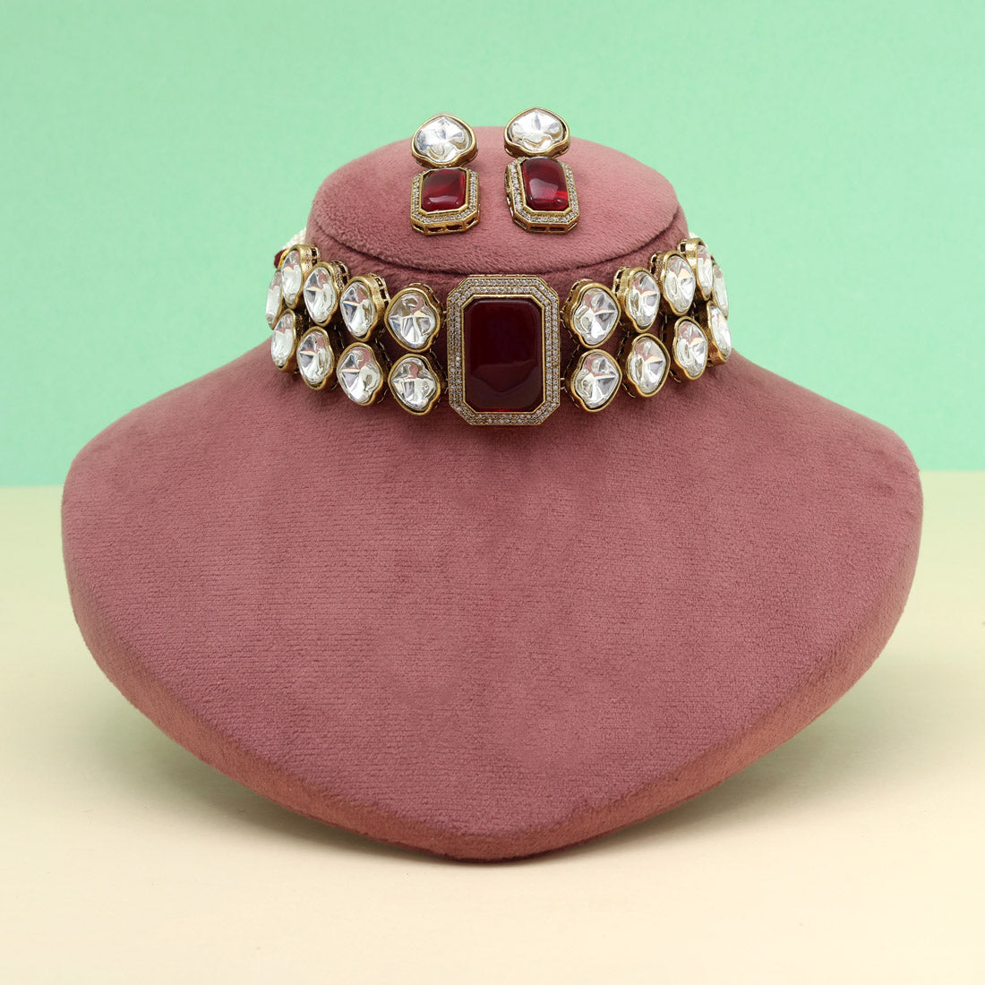 Maroon Color Premium Quality Moissanite And Monalisa Stone Decorated Choker Necklace (CZN1066MRN)