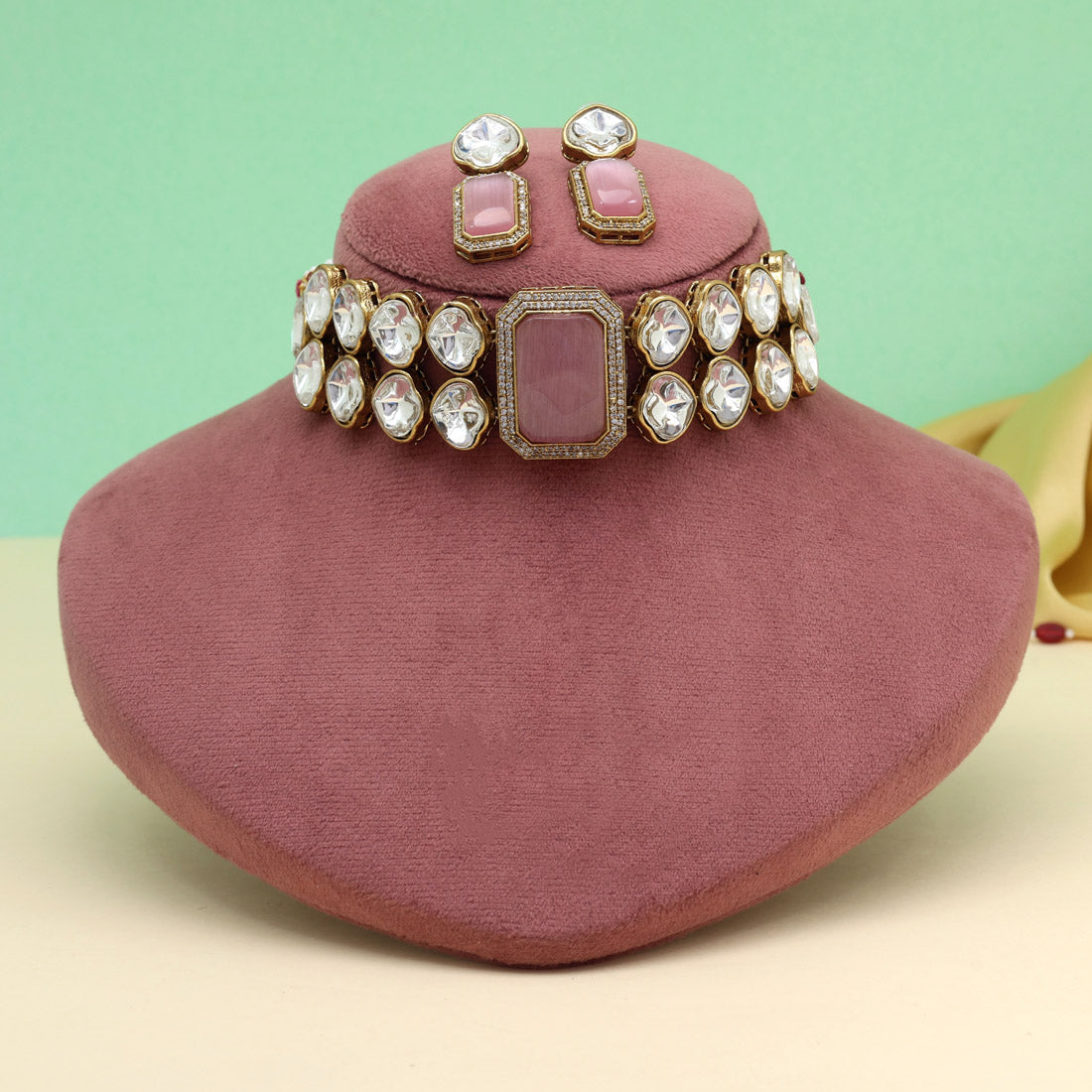 Pink Color Premium Quality Moissanite And Monalisa Stone Decorated Choker Necklace (CZN1066PNK)