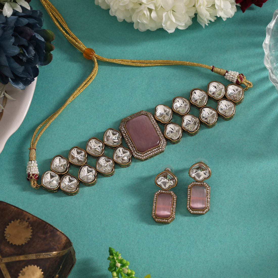 Pink Color Premium Quality Moissanite And Monalisa Stone Decorated Choker Necklace (CZN1066PNK)