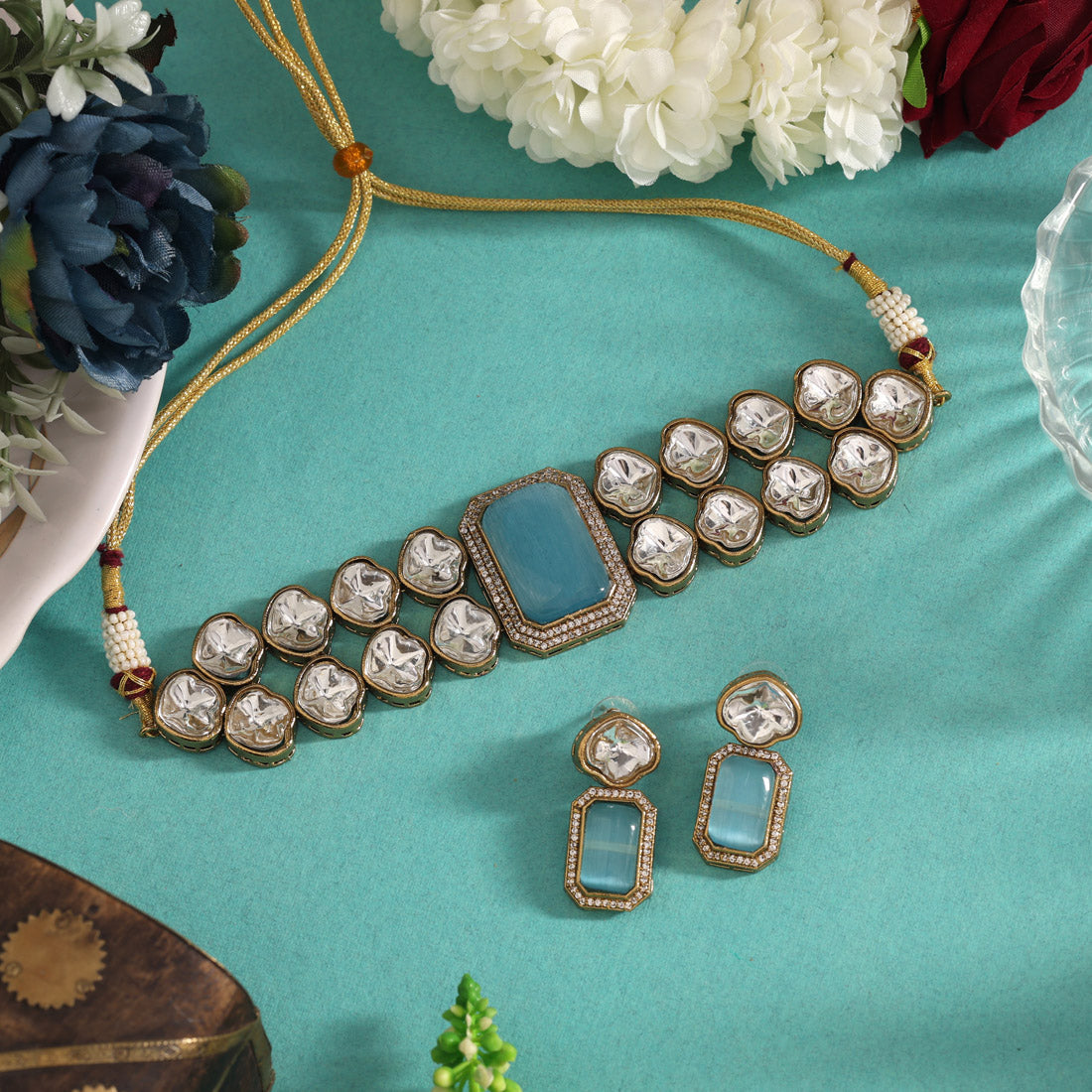 Sky Blue Color Premium Quality Moissanite And Monalisa Stone Decorated Choker Necklace (CZN1066SBLU)