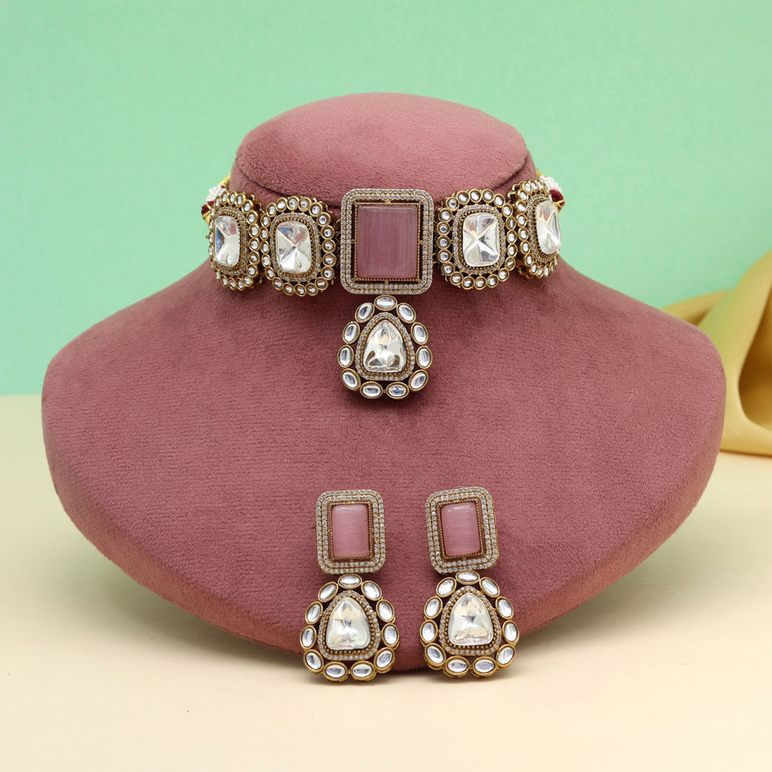 Pink Color Handmade Jaipur Choker Necklace With Moissanite And Monalisa Stones (CZN1067PNK)