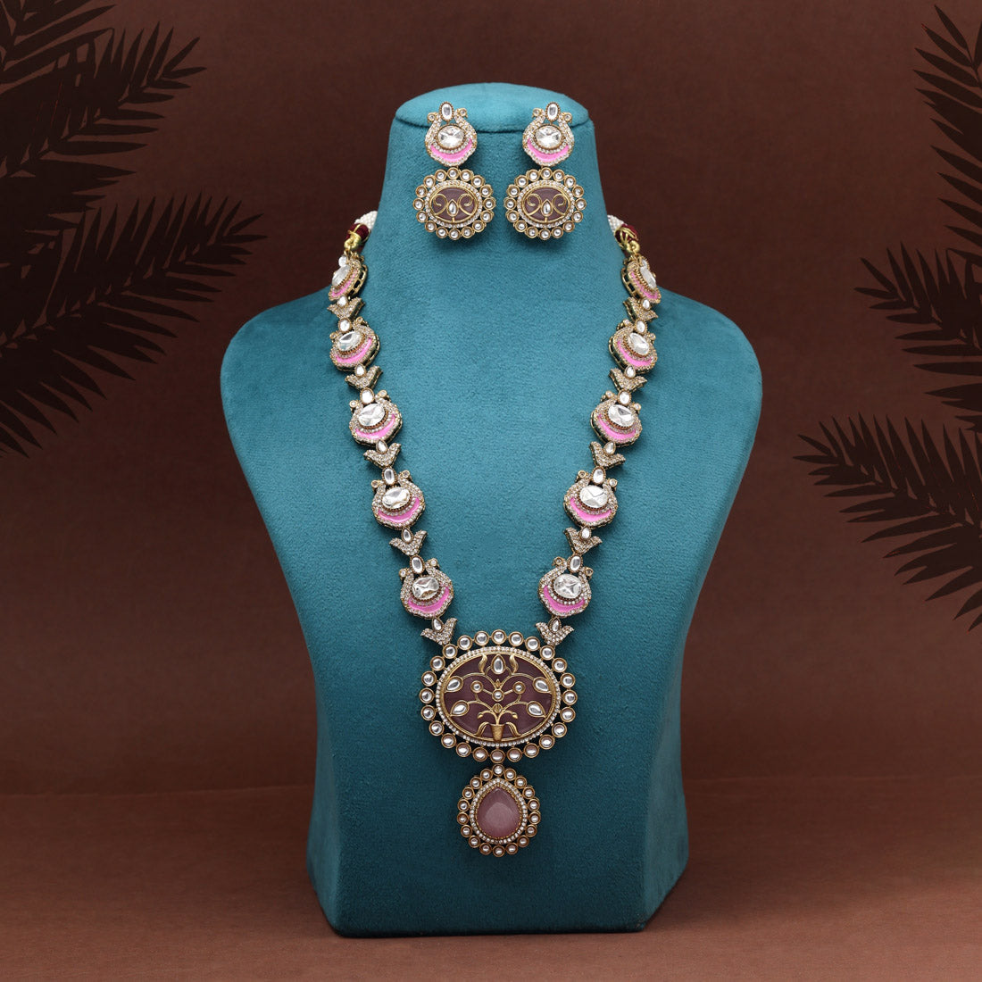 Pink Color Premium Quality Moissanite Kundan Necklace Set (CZN1070PNK)