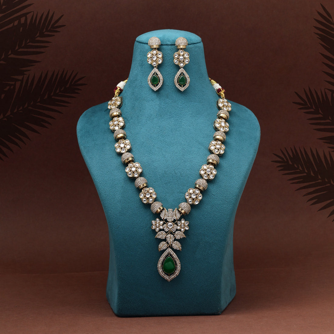 Green Color Premium Quality Handmade In Jaipur Brass Ad & Monalisa Stone Necklace Set (CZN1071GRN)