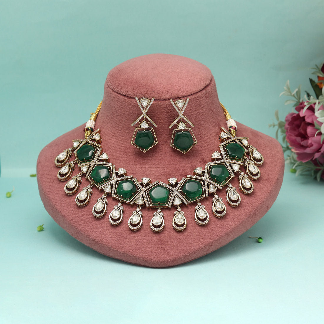 Green Color American Diamond Necklaces Set