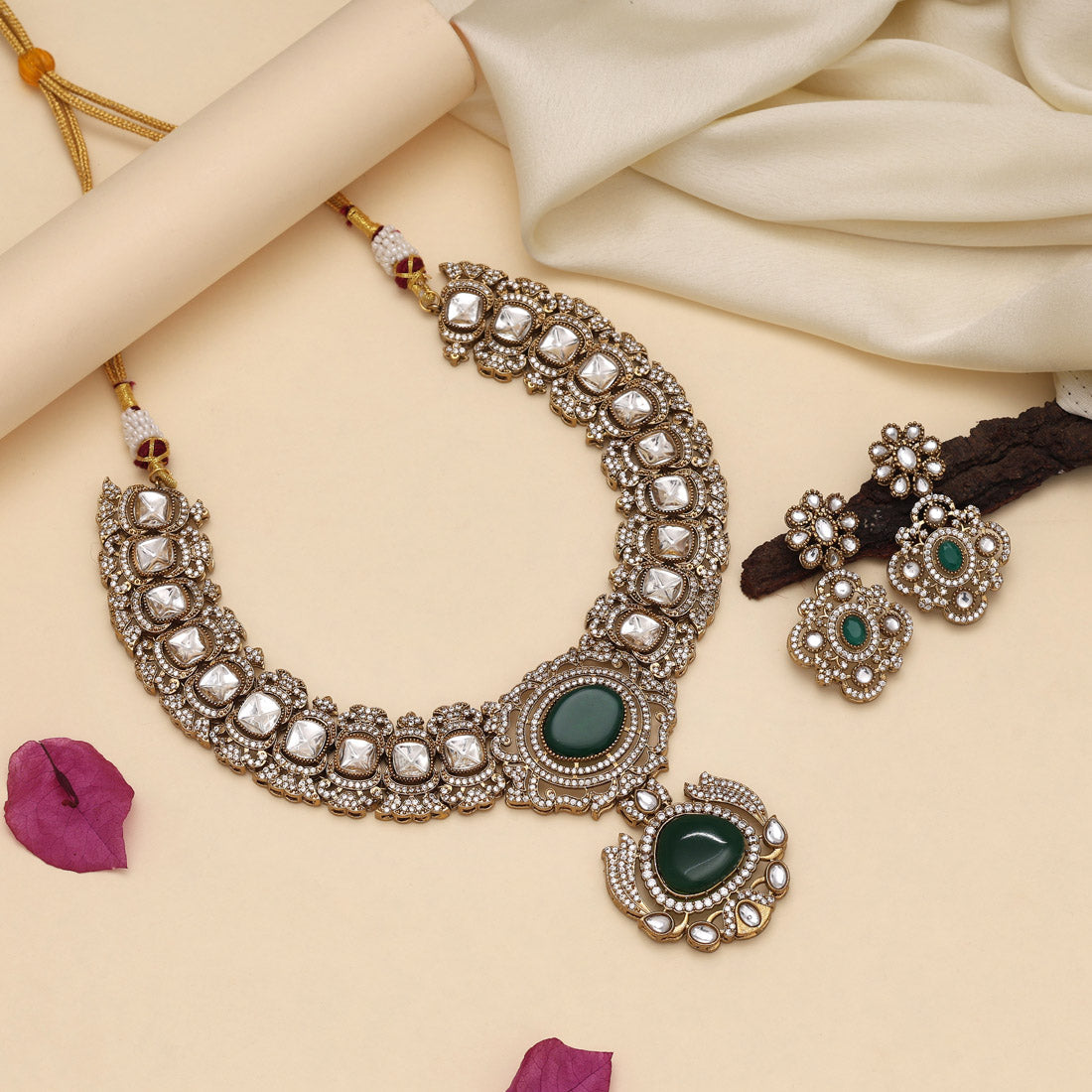 Green & White Color American Diamond Necklaces Set