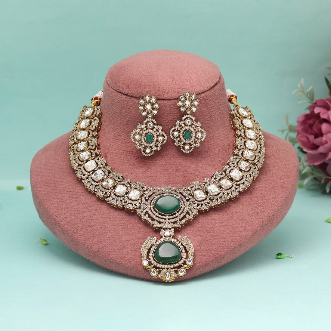 Green & White Color American Diamond Necklaces Set