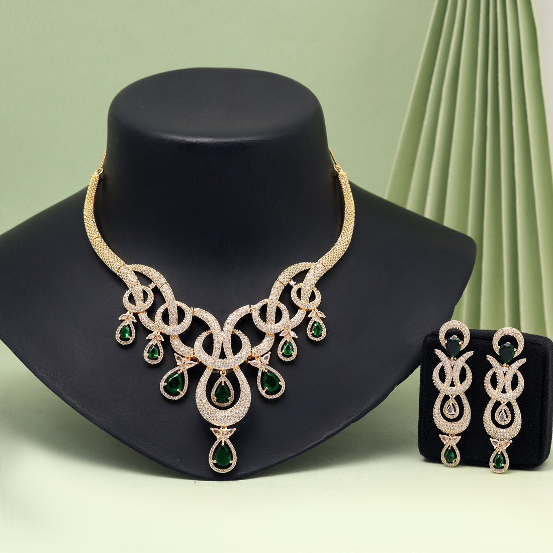 Green Color American Diamond Necklaces Set