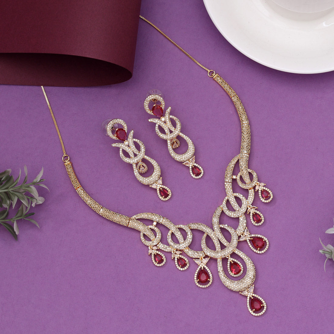 Ruby Color American Diamond Necklaces Set
