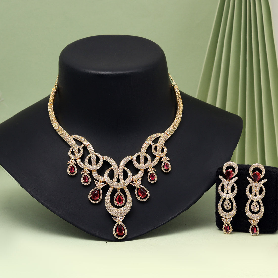Ruby Color American Diamond Necklaces Set