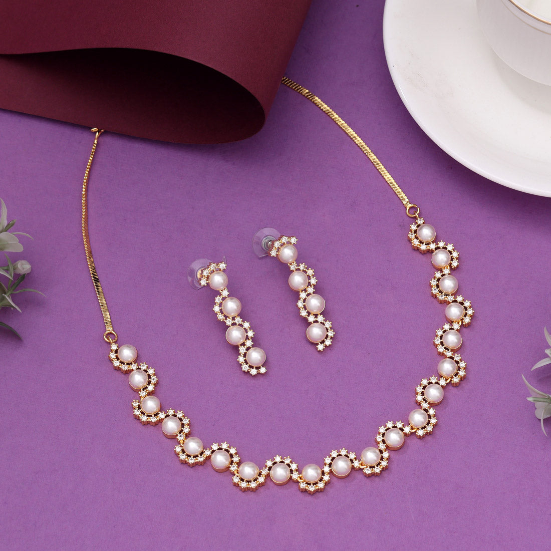 White Color American Diamond Necklaces Set