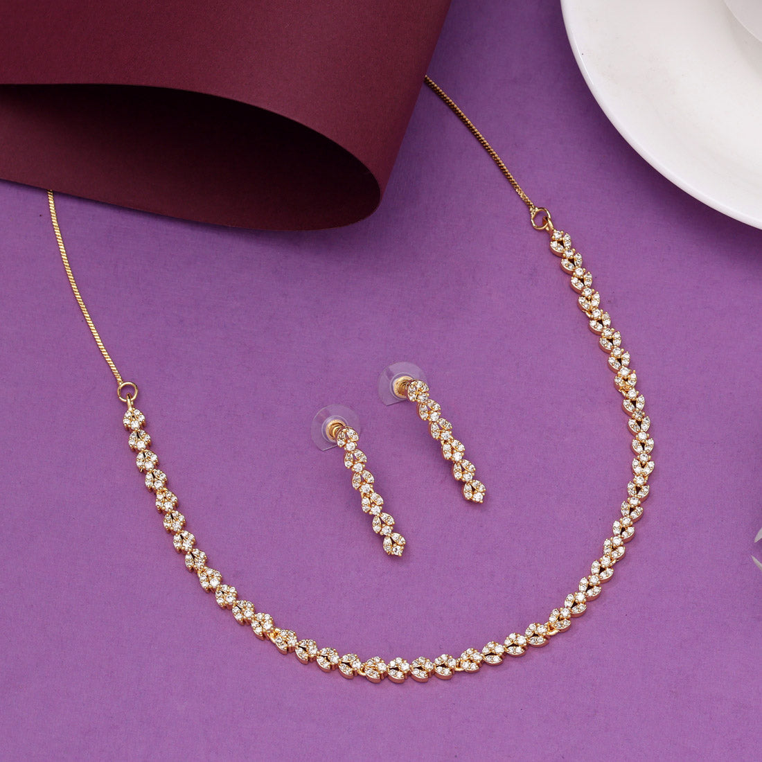 White Color American Diamond Necklaces Set