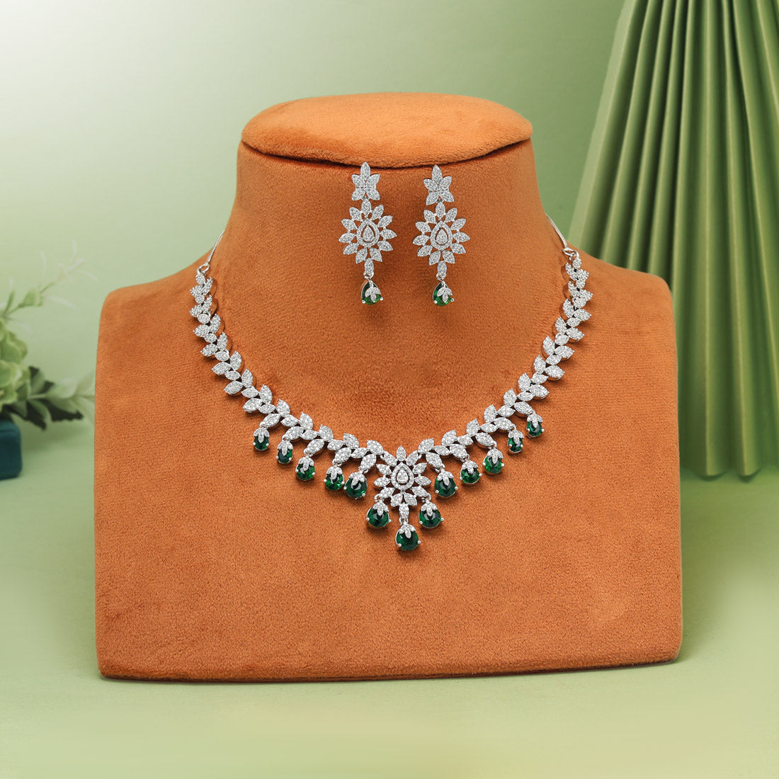 Green Color American Diamond Necklaces Set
